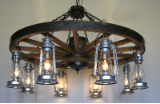 Wagon Wheel Indoor/Outdoor Chandelier Vertical 8 Lanterns