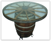 Wooden Wagon Wheel Barrel Cocktail Table with Horseshoe Feet