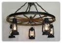 Wagon Wheel Indoor/Outdoor Chandelier Vertical 5 Lanterns