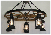 Wagon Wheel Indoor/Outdoor Chandelier Vertical 5 Lanterns